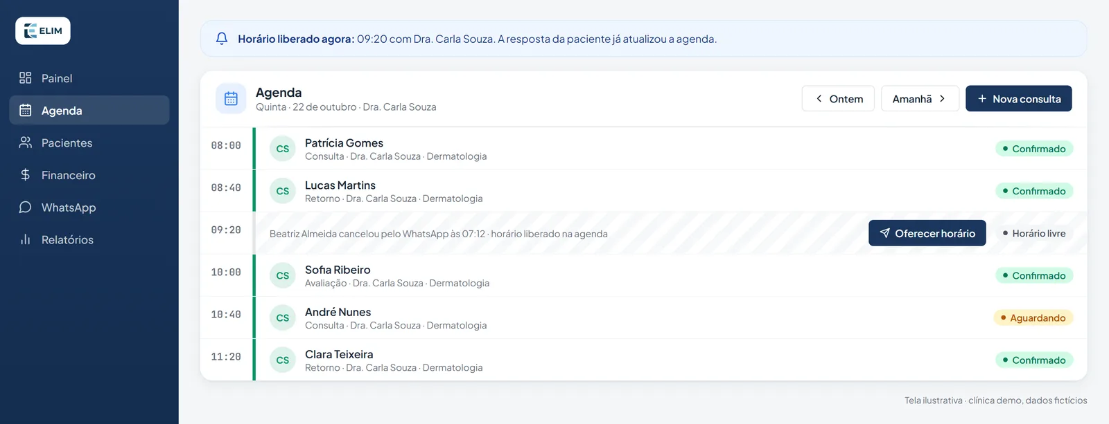 Tela do Elim na clínica demo: horário liberado na agenda logo depois que a paciente cancelou pelo WhatsApp